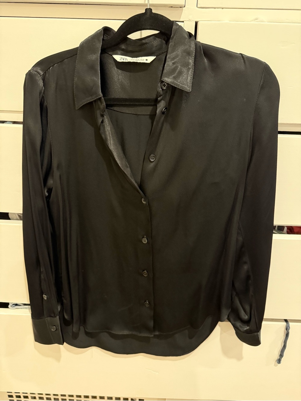 Zara Satin-Look Black Button Down Shirt